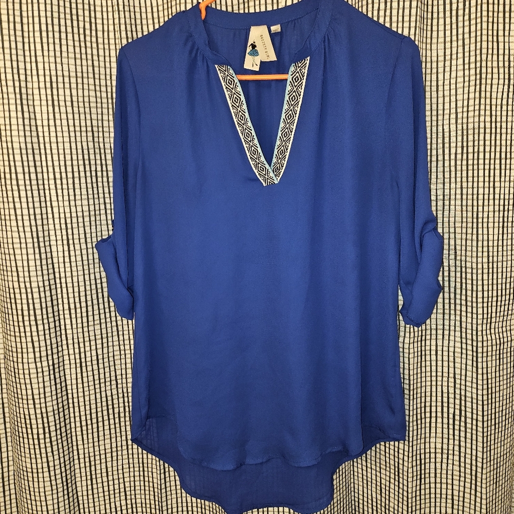 Society Girl Royal Blue Blouse  Patterned Trim ¾ Roll Sleeve  Small Worn Once